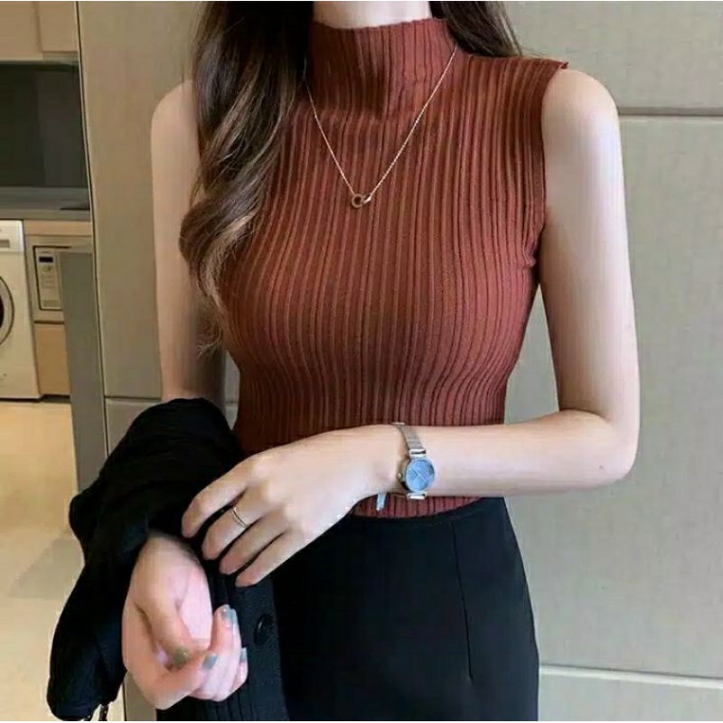 Knit Turtleneck Casual Baju Wanita Sleeveless
