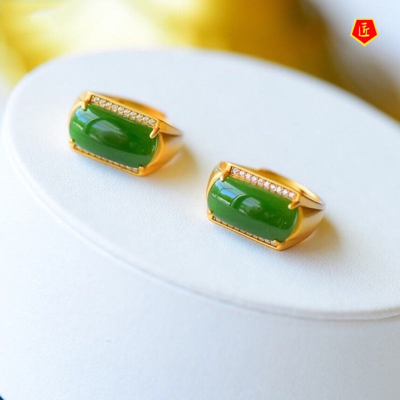 [Ready Stock]Elegant Inlaid Hetian Jade Gold Ring