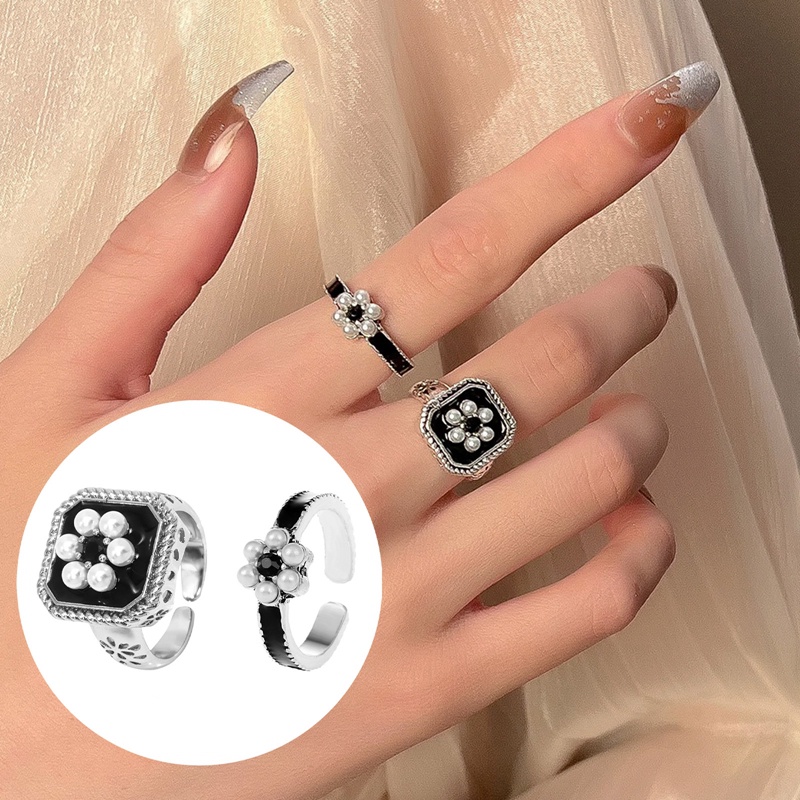 2pcs / Set Cincin Model Terbuka Adjustable Desain Bunga Hias Mutiara Gaya Retro Untuk Wanita