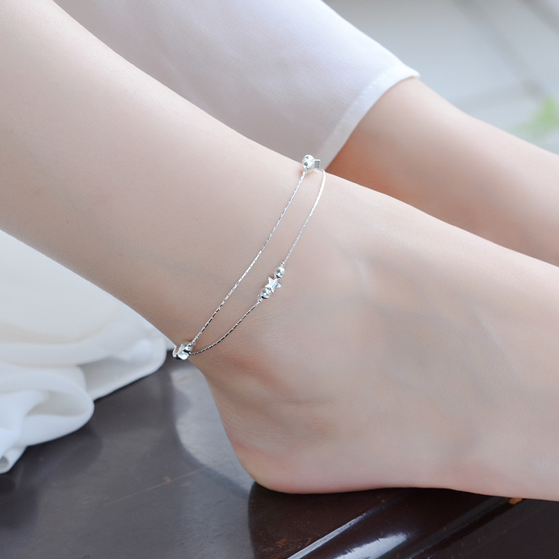 Gelang Kaki Rantai Silver Multi Layer Wanita Hias Manik Bintang Gaya Korea Untuk Pantai/Hadiah