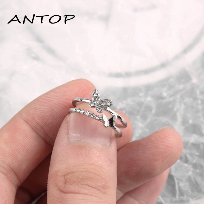 Double Butterfly Diamond Ring Pembukaan Cincin Dapat Disesuaikan Wanita Fashion Perhiasan Aksesoris Hadiah Natal ANTOP