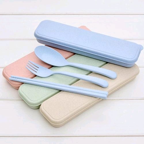 Set Alat Makan 3 in 1 Serat Gandum / Travel Wheat Cutlery Set 3 in 1 / Sendok Garpu Sumpit Set Jerami