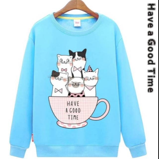 Sweater Baby Terry Biru Muda Motif Kucing Have a Good Time