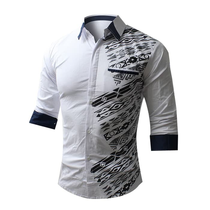 HEM KEMEJA PRIA LENGAN PANJANG BAJU COWO COWOK CASUAL - Putih,