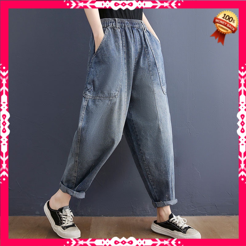 Celana Highwaist Wanita Jeans Spring Summer New Arts Style Women Elastic Waist Cotton Denim Harem Pa