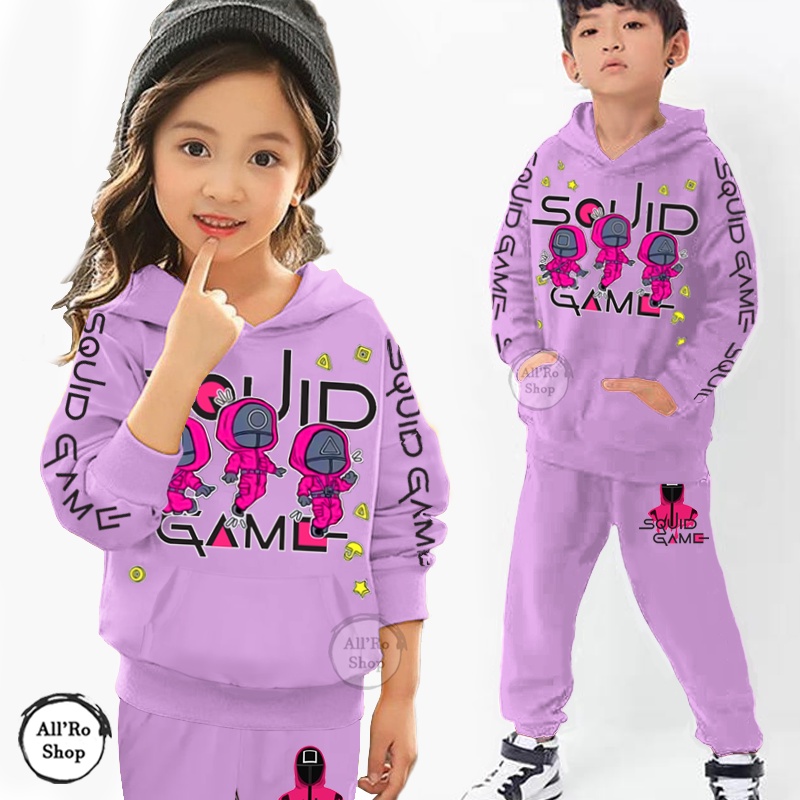 COD Baju Setelan Hoodie Anak Remaja ABG UNISEX Olahraga Senam Lengan Panjang Motif Squid Game Karakter Chibi Kukuma Usia 1 sampai 13 tahun ARS 64