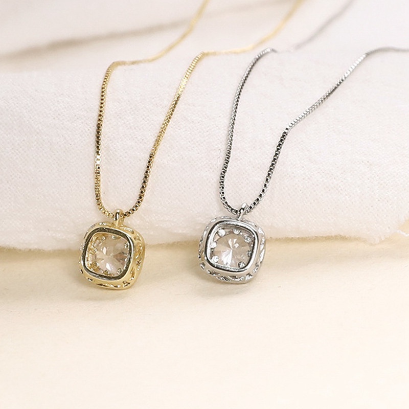 Kalung Rantai Sterling Silver Dengan Liontin Berlian Bentuk Kotak Untuk Wanita