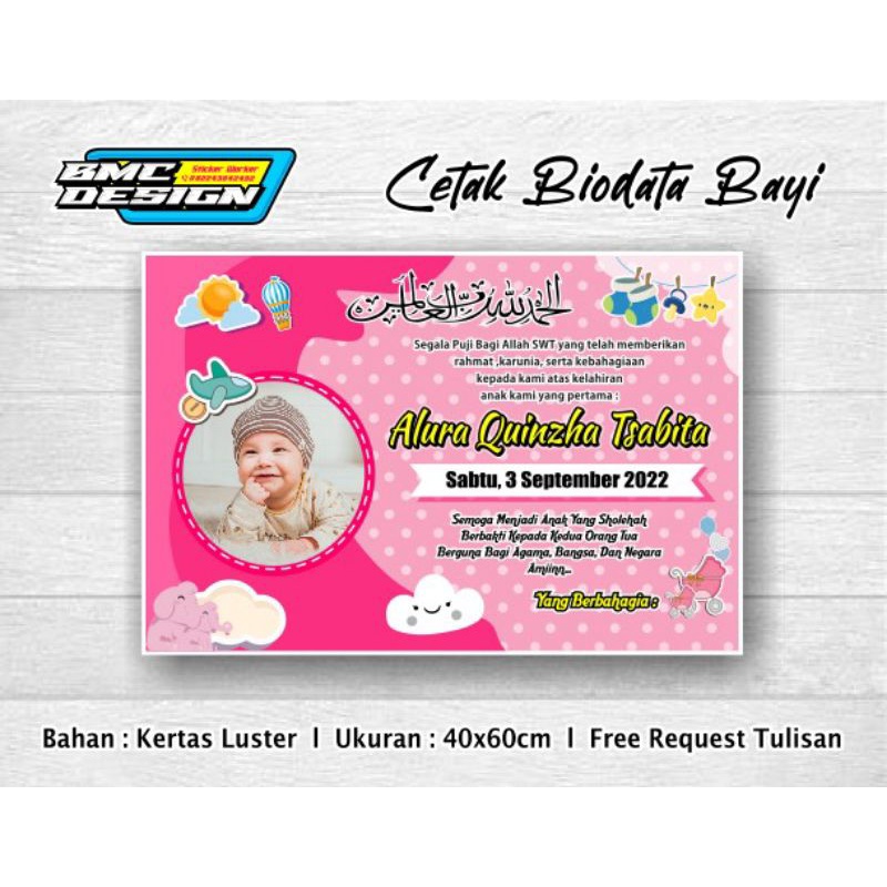 cetak biodata bayi / cetak nama bayi / cetak banner kelahiran