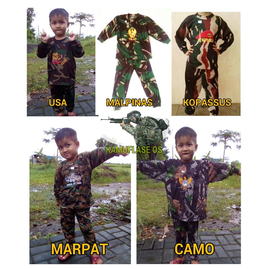 Setelan baju camo anak lengan panjang. baju perbakin anak
