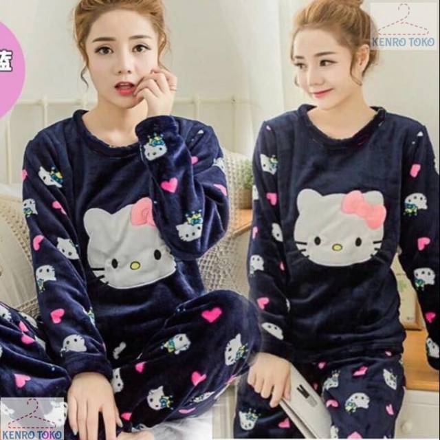 Baju Tidur Piyama Wanita Lengan Celana Panjang Setelan Perempuan Dewasa Remaja Korea Karakter Hello Kitty Navy HK