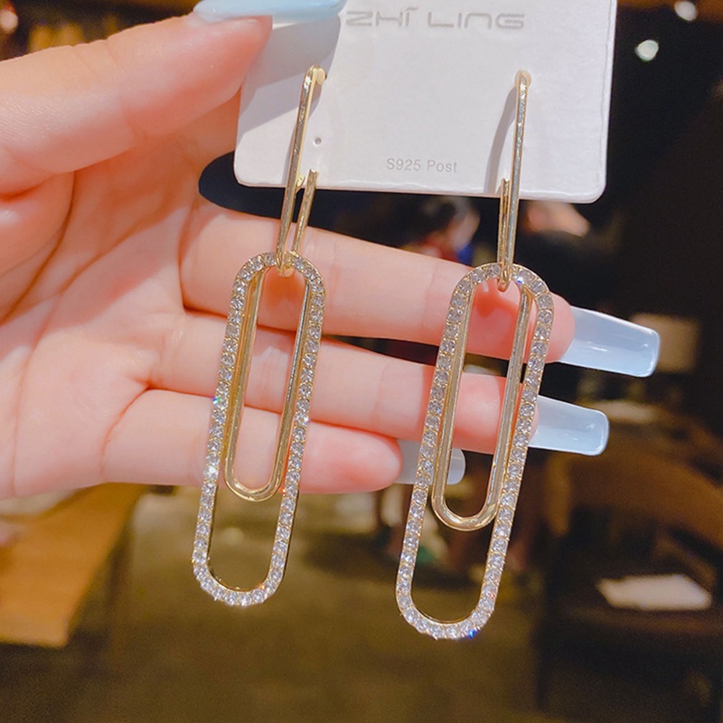 Anting Tusuk Gantung Panjang Desain Geometri Hias Kristal Berlian Imitasi Untuk Wanita