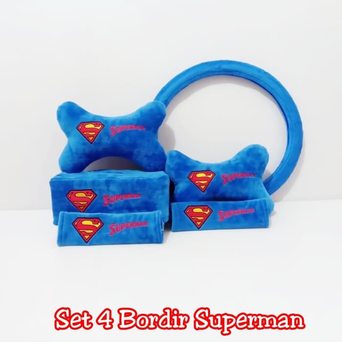 set headrest bantal sandaran kepala jok leher kursi stir setir mobil boneka superman biru 4 b
