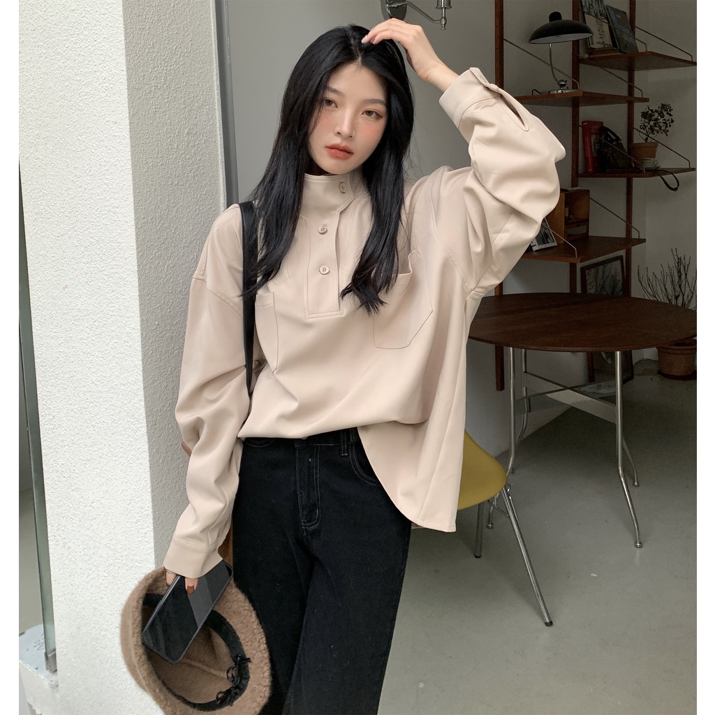 Blouse Korean Style Kemeja Wanita Lengan Panjang Turtleneck  Kemeja Polos