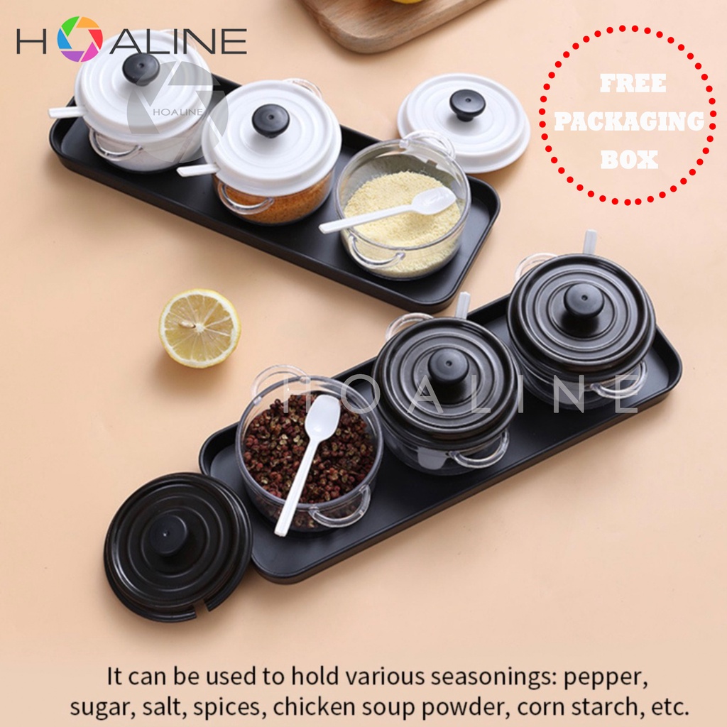 Tempat Bumbu Dapur Cantik Serbaguna bentuk Panci Unik + Sendok dan Tatakan Putih Toples Bening 3Pcs 