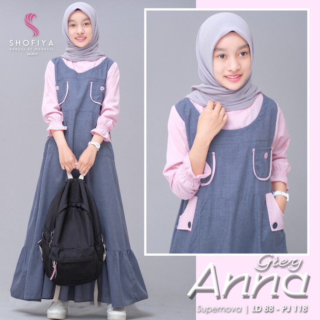 Pakaian Muslim Anak Prempuan Anna Kids Bahan Suvernova Mix Wolfice Baju Gamis Anak Muslim Modern Lengan Panjang Dress Anak Lucu Model Kekinian Terbaru 2023