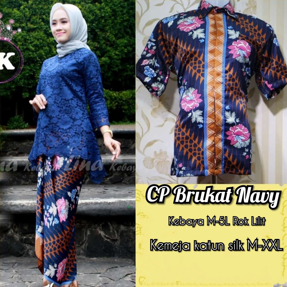 SB Collection Couple Stelan Via Kebaya Blouse Brukat Rok Lilit Super Jumbo Dan Kemeja Batik Pria