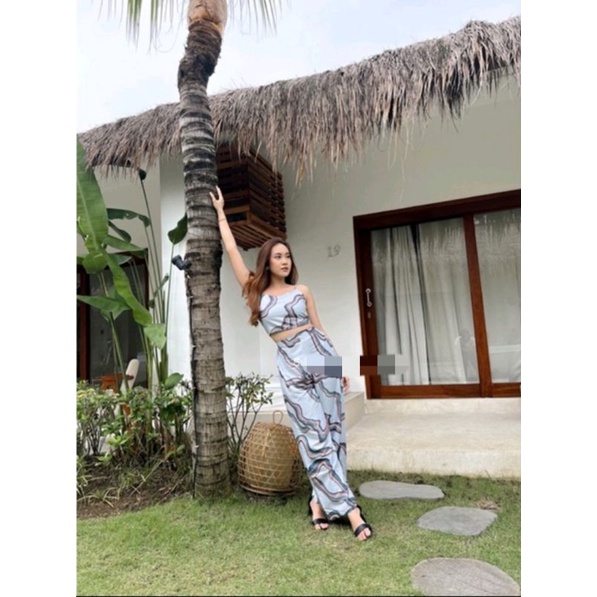 ONE SET KULOT PATTERN // SETELAN TANKTOP FLOWERY-Biru2 vanesa