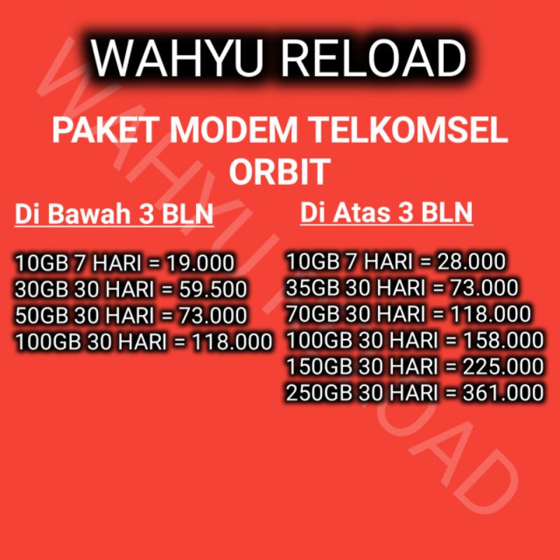 Inject Kuota Data Telkomsel Modem Orbit 10GB 30GB 35GB 50GB 70GB 100GB 150GB