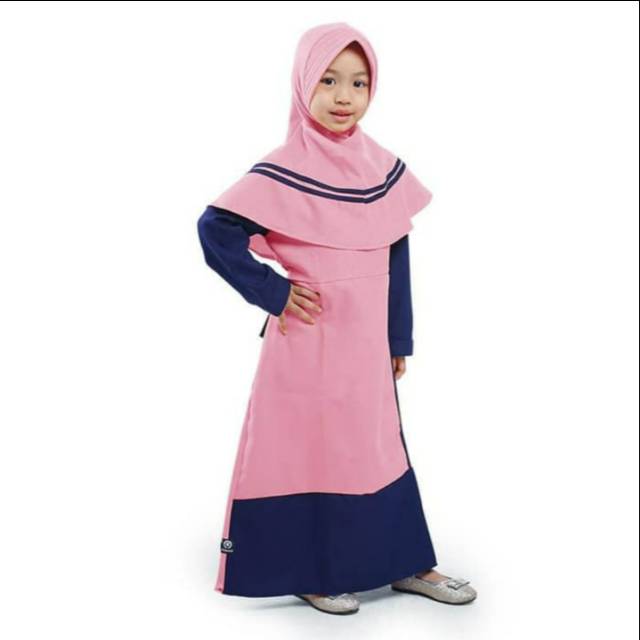 Gamis Anak Perempuan | Moscrepe Kombinasi Garis | Pink - XXL