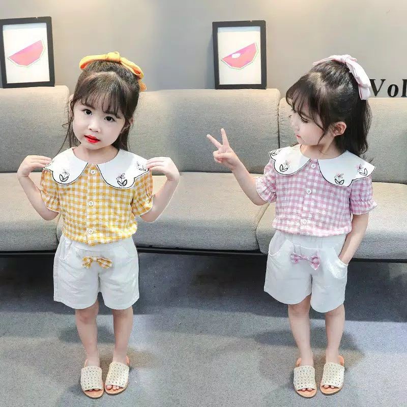collar square set / setelan anak perempuan set 2pcs atasan baju celana pendek motif kotak pita