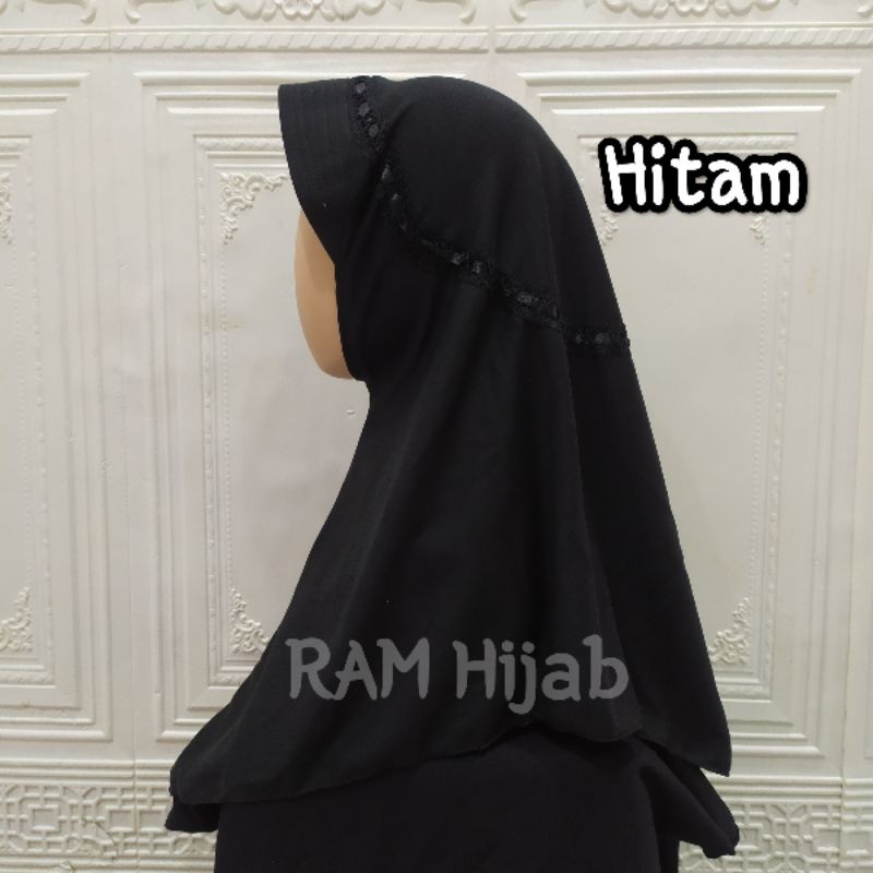ram hijab kerudung jilbab instan bergo anak sekolah TK SD SMP serut pita atas warna hitam