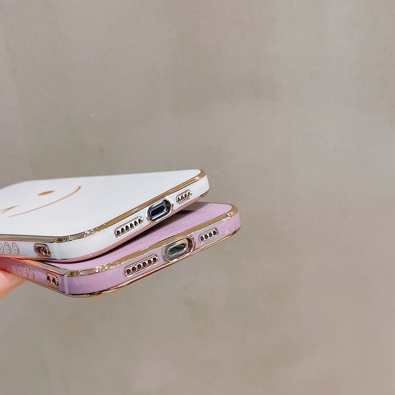 Soft Case Pelindung Motif Wajah Tersenyum Dengan Tali Tangan Electroplating Untuk Iphone 13 12 11 Pro Max X Xs 7 8 Plus Xr