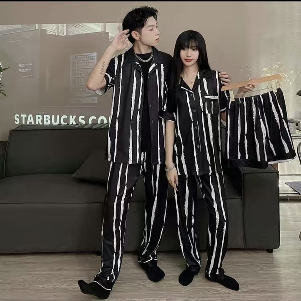 Baju tidur piyama 3in1 bahan spandek import motif bisa untuk cewek cowok
