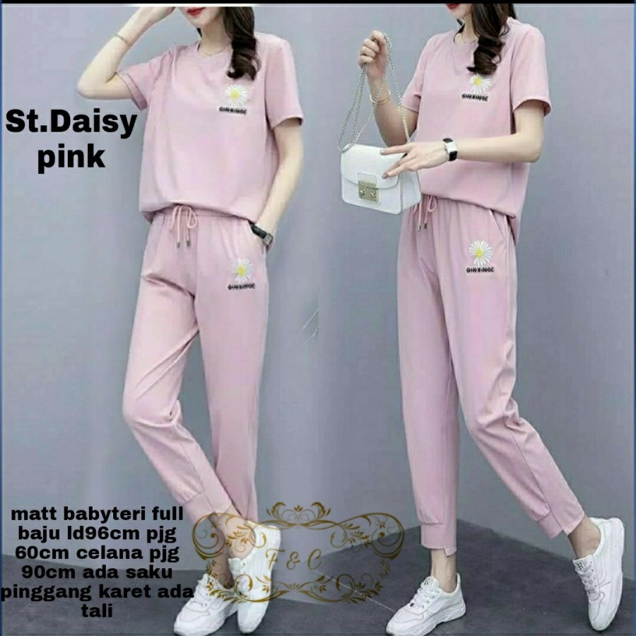Baju Setelan Celana Wanita Remaja Modern Trend Kekinian Terbaru Stelan Daisy Bahan Babyterry LD 96 L