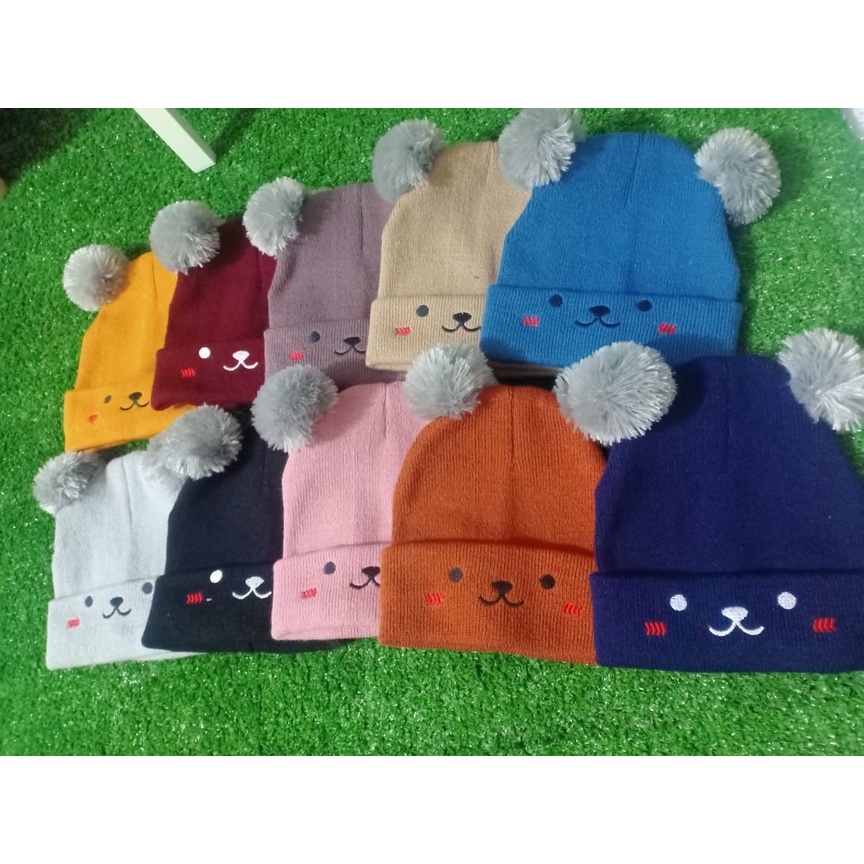 Kupluk bayi PUPPY rajut pompom topi anak rajut 0 sampai 3 tahun lucu