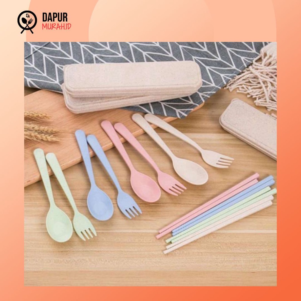 Sendok set Jerami 3 in 1 Alat makan Souvenir Travel potable serat gandum - Random warna