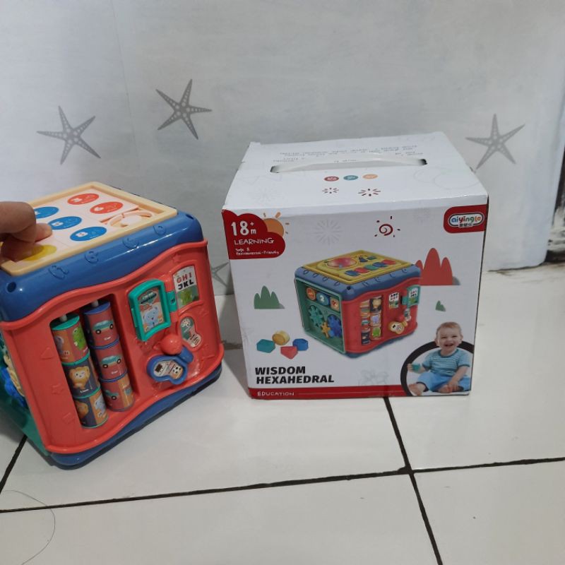 busy box baby mainan motorik wisdom hexahedral mainan aktivity bayi seken puzzle geometris edukasi