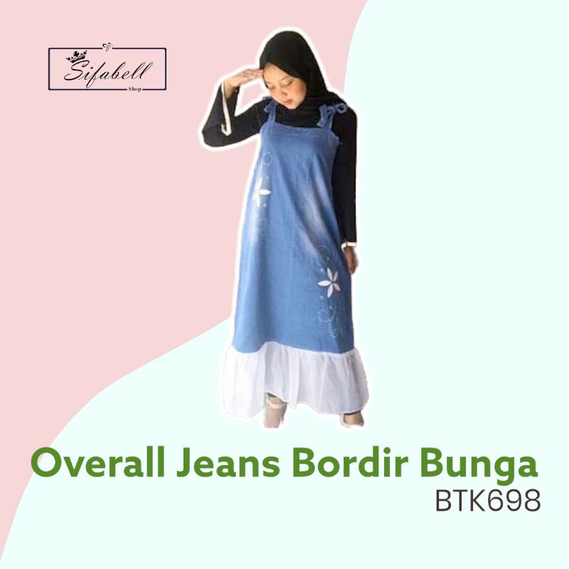 Overall Jeans Wanita Motif Bunga Bordir BTK698