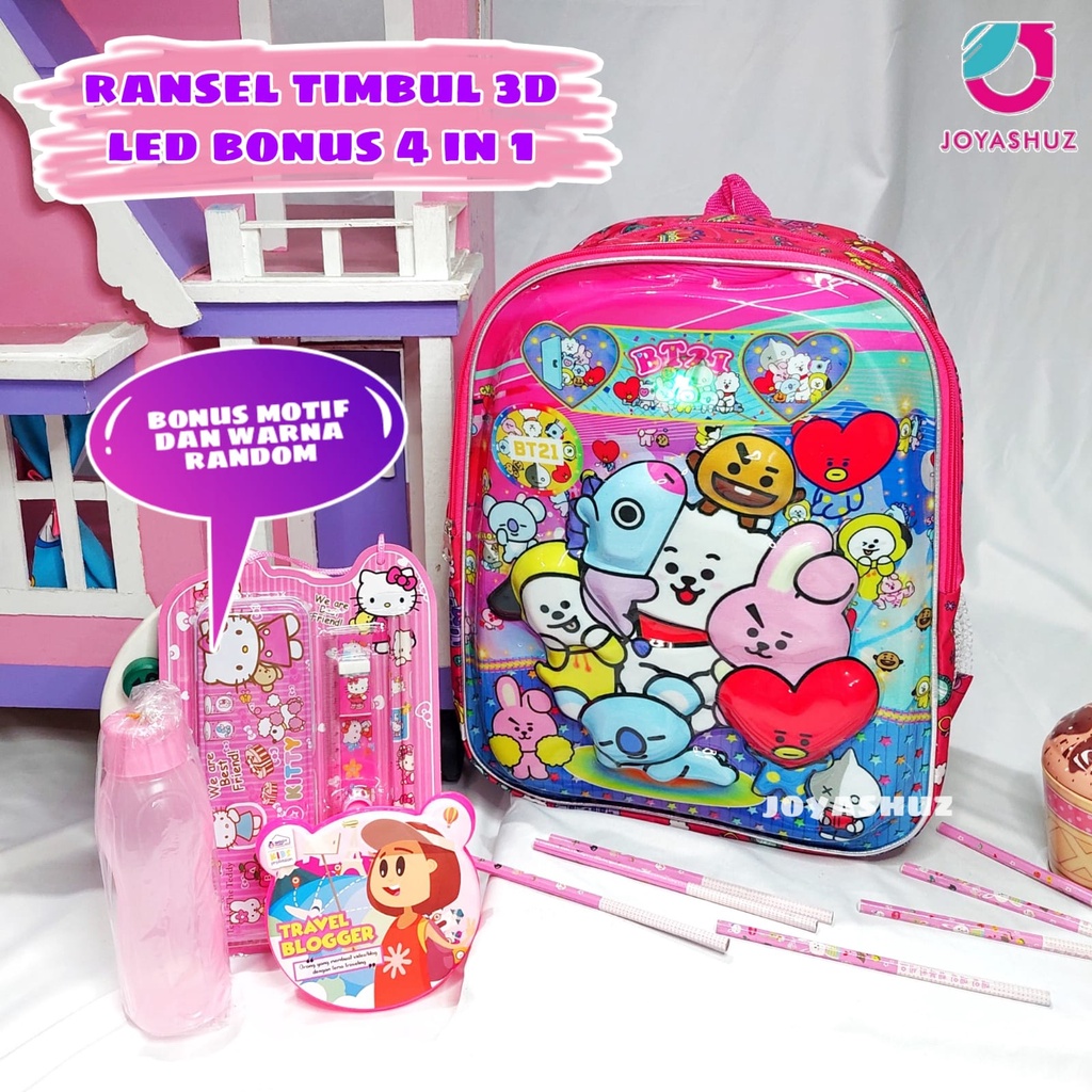 Tas Anak Perempuan Ransel BT 3D LED Anak SD Berbonus - Ransel  Timbul LED - Tas Sekolah Anak SD Karakter - Tas  Anak Perempuan SD Gratis Botol Dan Misting - Tas Sekolah Anak Perempuan Karakter Lucu - Joyashuz