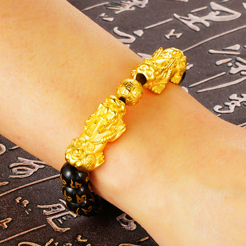 Gelang Manik-Manik Batu Akik Obsidian Warna Emas Untuk Pria