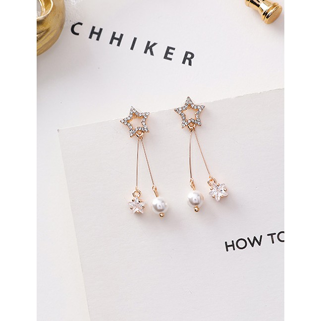 LRC Anting Tusuk Fashion Pearl Pole Star Crystal Circle 925 Silver Pin Stud Earrings F48303