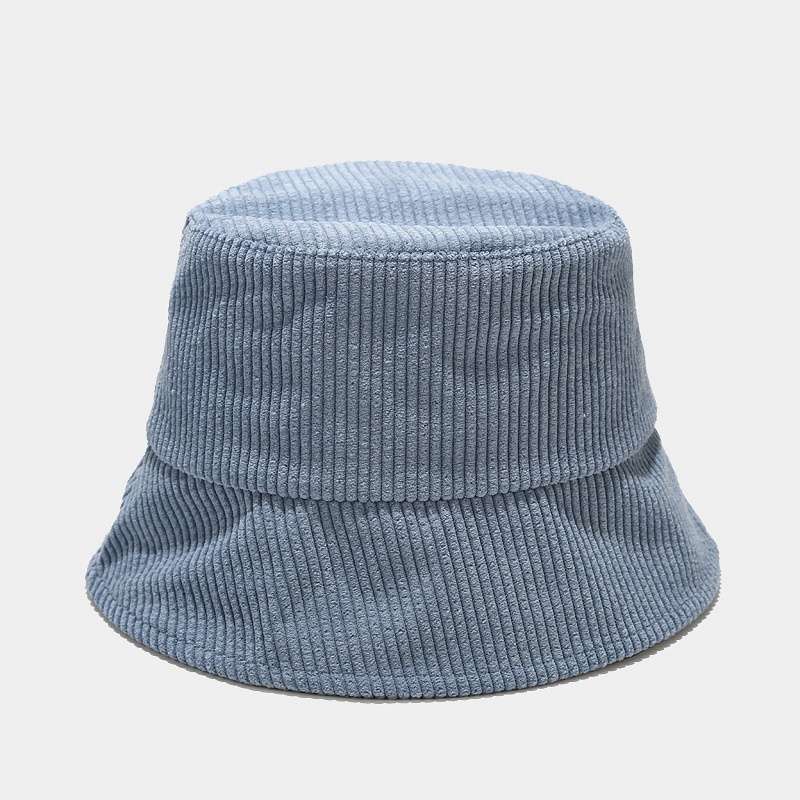 Topi bucket Bahan Corduroy Warna Polos Gaya Korea Untuk Wanita-Blue