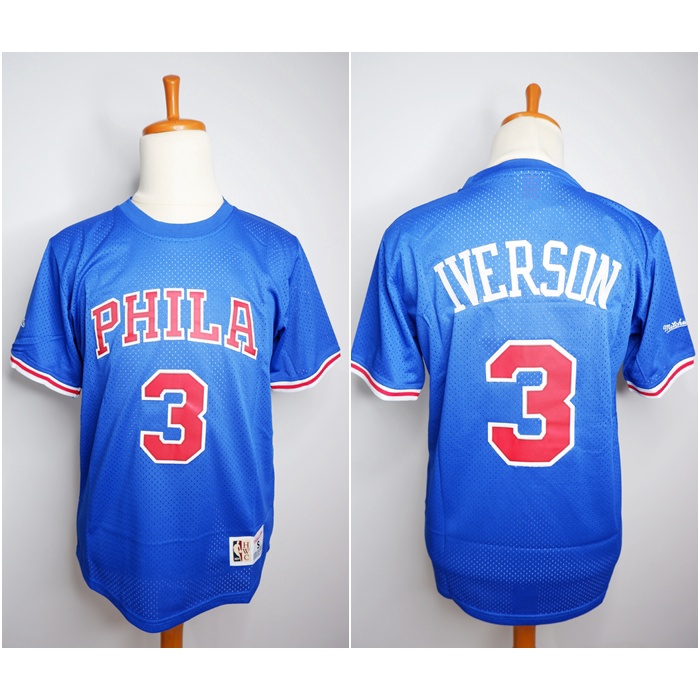 JERSEY BASKET BERLENGAN SLEEVE JERSEY PHILA #3 ALLEN IVERSON BIRU MITCHELL&NESS