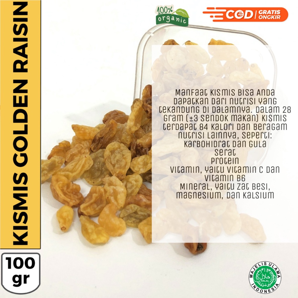 

KISMIS GOLDEN RAISIN KEMASAN 100GRAM / Kismis Manis / Kismis Original Arab / Kismis Golden Raisin / Kismis Kering / Kismis Bisa COD
