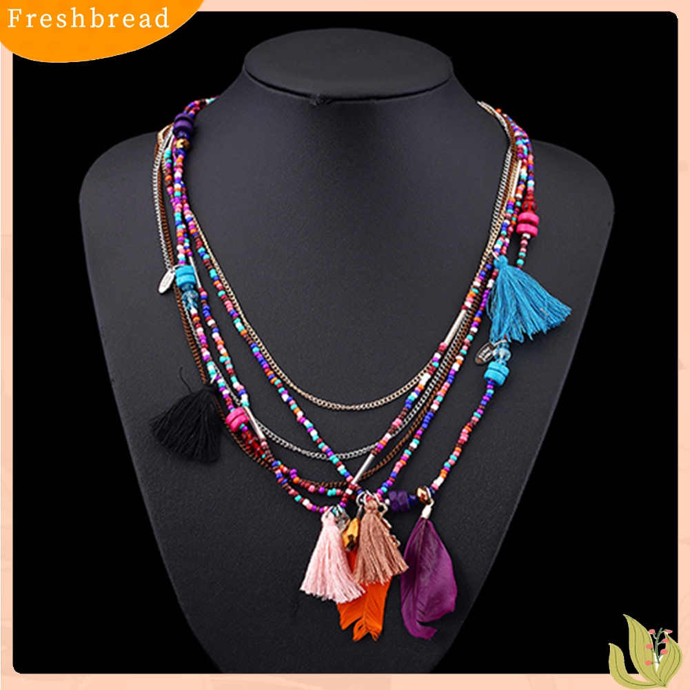 [TERLARIS]Women's Boho Ethnic Style Feathers Tassels Beads Multi-layer Chain Necklace