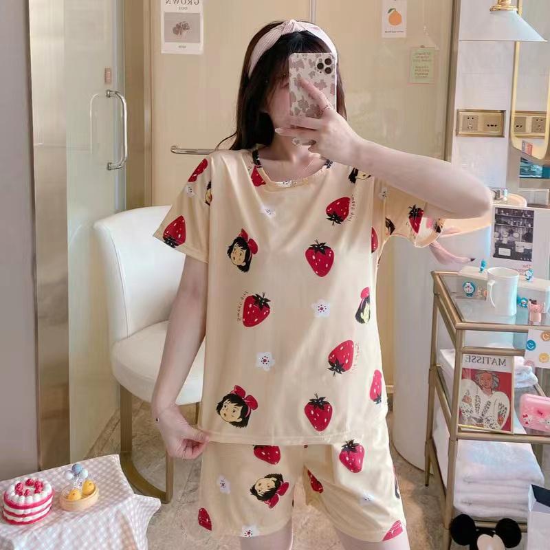 Piyama Baju Tidur Import Wanita Fashion Sleepwear Spandex Stelan Rumah Baju Santai Celana Pendek z-HP-Strawberry Girl