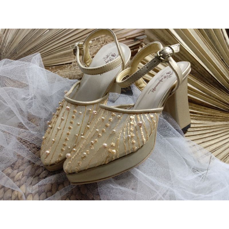 sepatu purri gold brukat wanita sepatu wedding wanita 9cm hak tahu