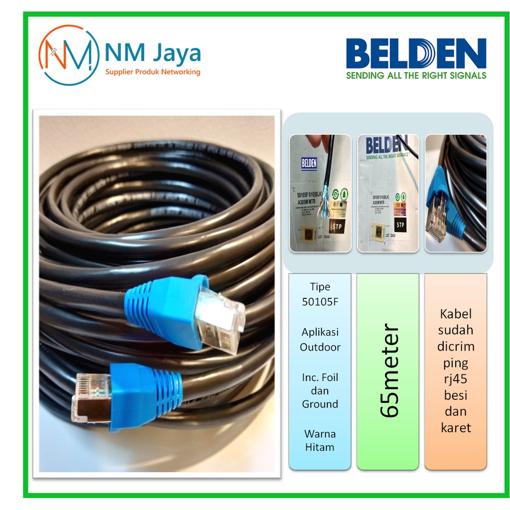 Belden Kabel Lan Outdoor 65 meter STP CAT5e dicrimping rj45 plat besi 50105F Warna Hitam