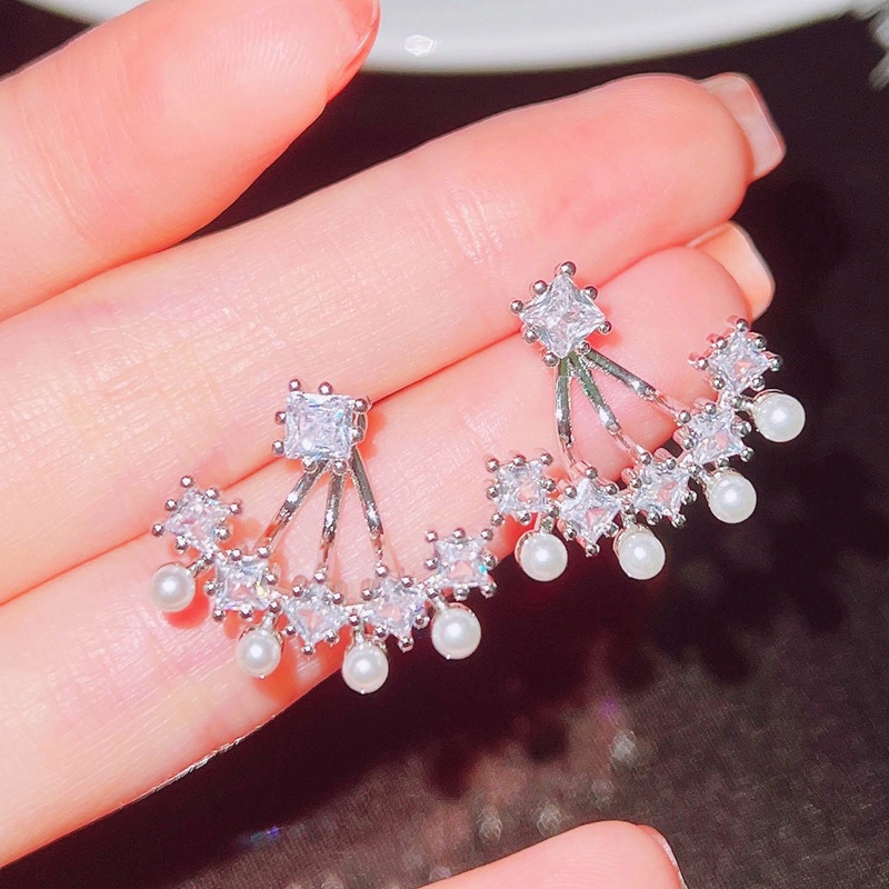 Anting Stud Zircon Mutiara Bahan 925 Silver Gaya Korea Untuk Wanita