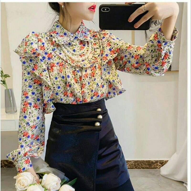 2569 Baju atasan blouse lengan balon panjang motif bunga kecil hijau hitam putih Korea Korean style 