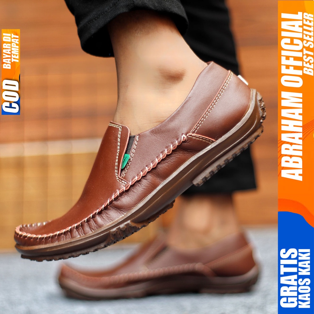 Sepatu Casual Pria Formal Slip On Pantofel Kulit Asli Kerja Kantor Kondangan Kuliah Hitam Fashion Shoes Terbaru Murah Kekinian Original RODAS ABRAHAM