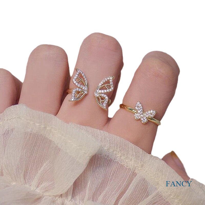Cincin Model Terbuka Desain Kupu-Kupu Hollow Lapis Emas 14K Hias Zircon Gaya Korea Untuk Wanita Butterfly