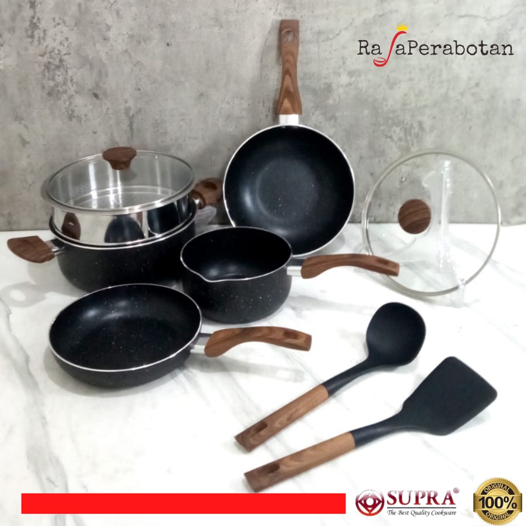 SUPRA Panci Set 9pcs black Wajan anti Lengket / 9pcs Marble Coated Renatta Moeloek Black SUPRA Asli