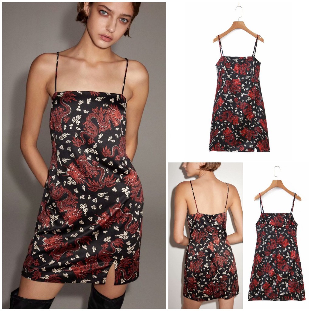 DRESS MINI HITAM MOTIF NAGA MODEL STRAP MINI SILKY/DRESS NAGA VEN9418