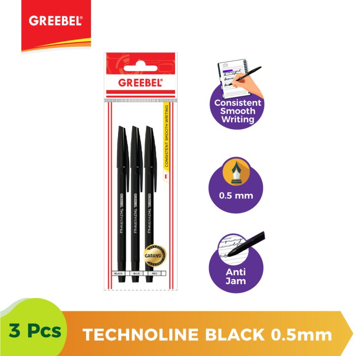 Ballpen Hitam Pulpen Greebel Ballpoint Technoline0.5 Black - 3pcs.