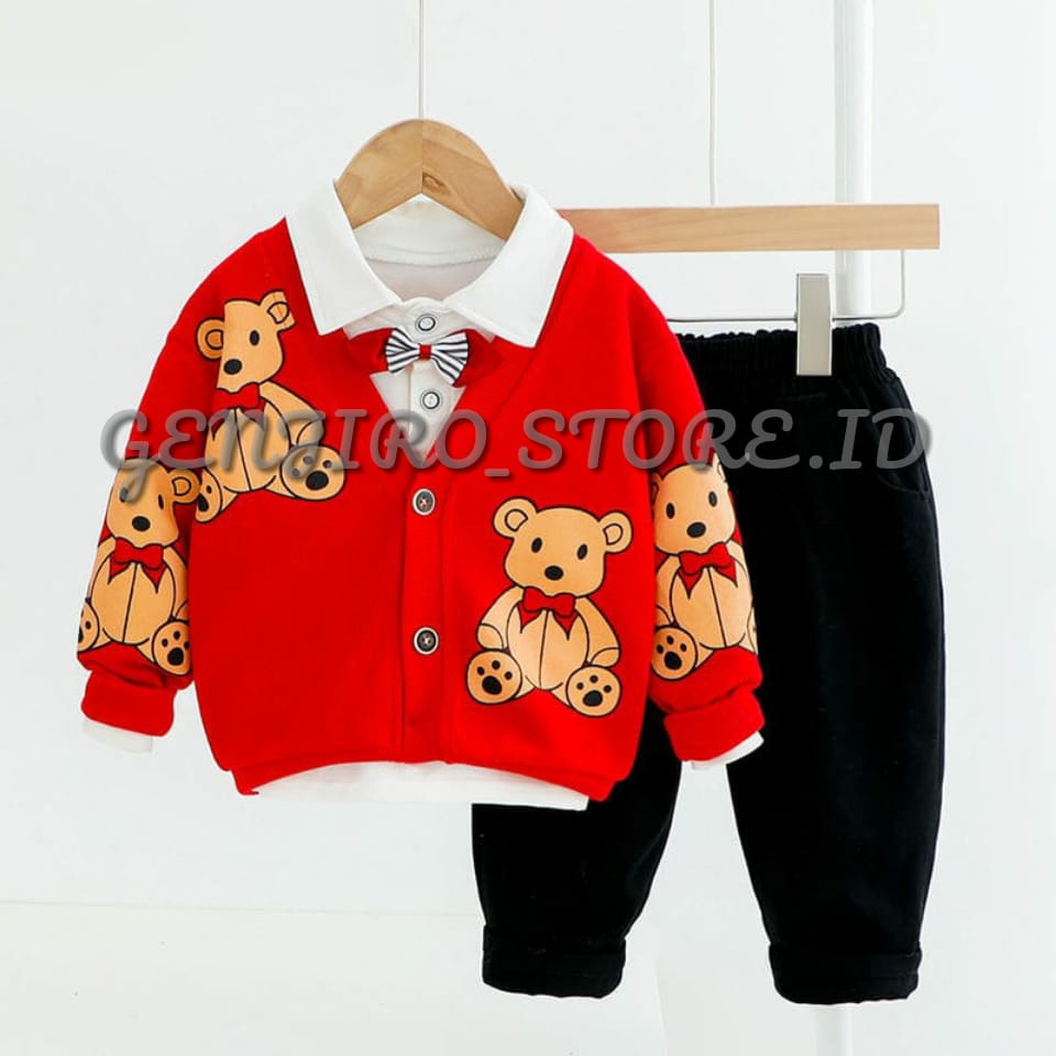 SETELAN ANAK LAKI LAKI/SWEATER ANAK/ SWEATER MOTIF SABLON BEAR/ LENGAN PANJANG ADA DALAM OBLONG LENGAN PENDEK ADA CELANA PANJANG/3 IN 1 /UNTUK ANAK USIA 2 TAHUN - 8 TAHUN/BISA COD